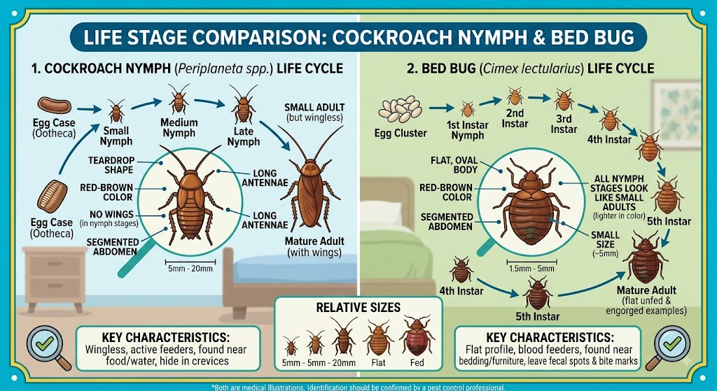 Side-by-side comparison of a bed bug and a cockroach nymph