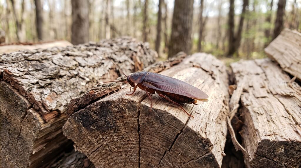 A Pennsylvania wood roach sitting on stacked firewood outdoors.
