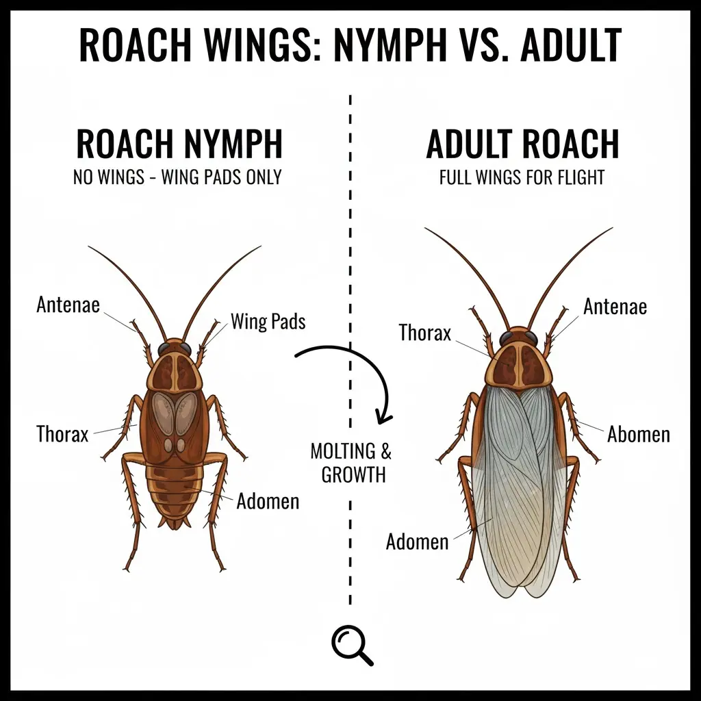 A roach nymph with wing pads vs. an adult roach with full wings