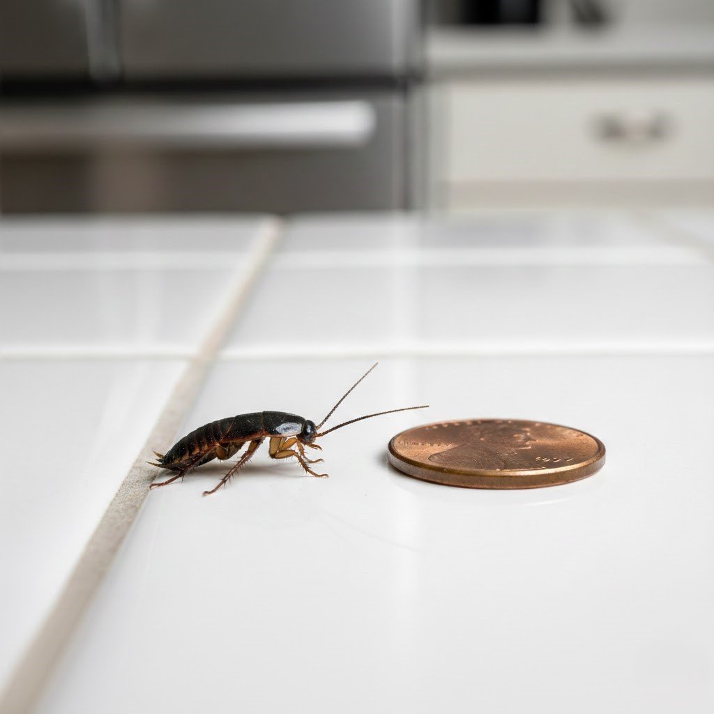 A baby water roach nymph lacks wings and is often darker than its adult counterpart