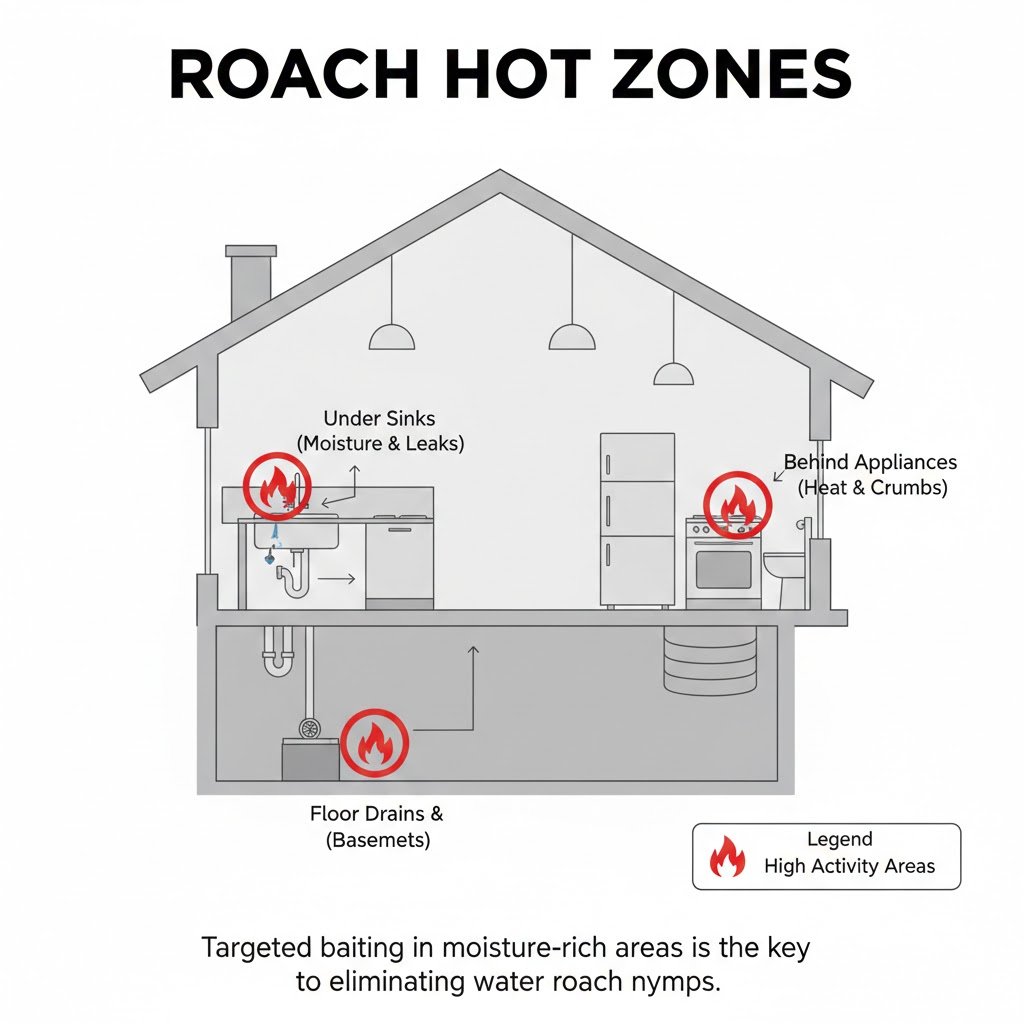 Caption: Targeted baiting in moisture-rich areas is the key to eliminating water roach nymphs.]
