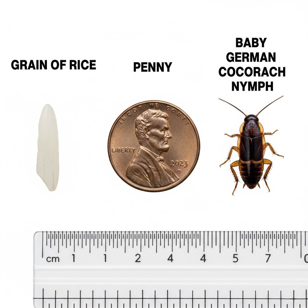 To the naked eye, a baby German cockroach is often no larger than a grain of rice, making them easy to overlook in dark cabinets.
