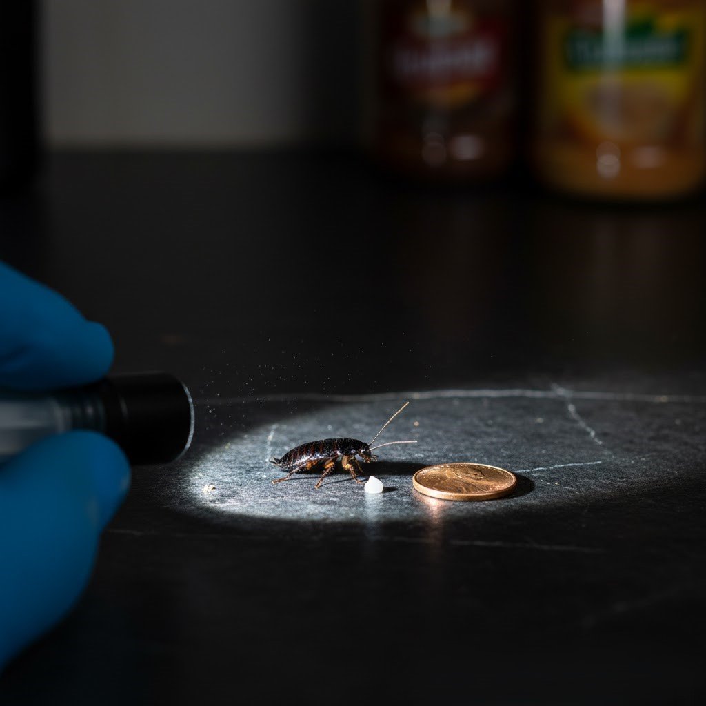 A black baby roach (Oriental nymph) lacks wings and features a dark, segmented body.]
