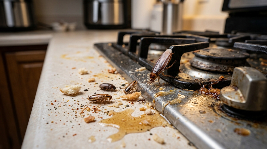 Kitchen countertop crumbs and grease attracting household pests.