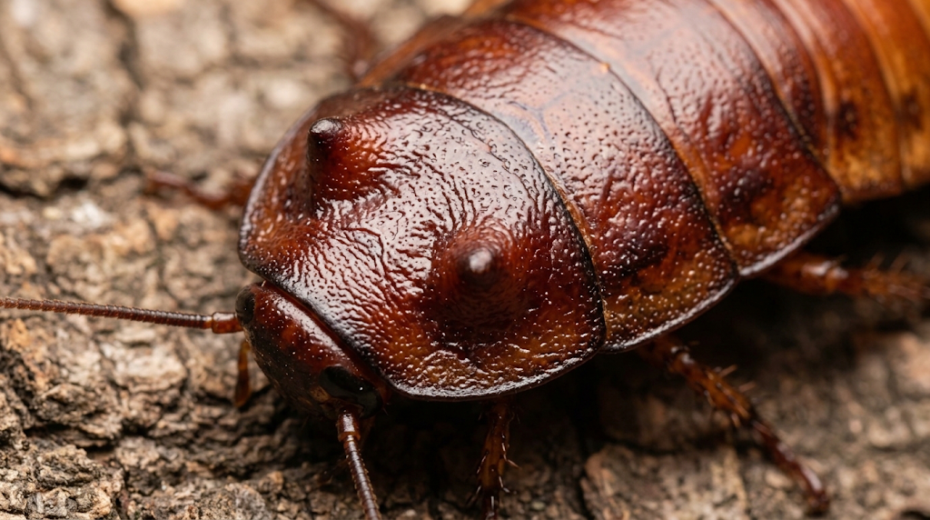 Close-up of male Madagascar hissing cockroach showing pronotal horns and armored shell.