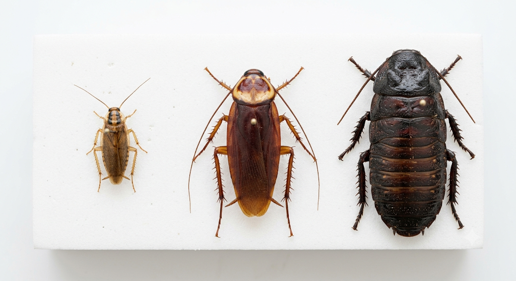 Comparison visual showing a standard household German cockroach next to an American cockroach and the world's largest roach.